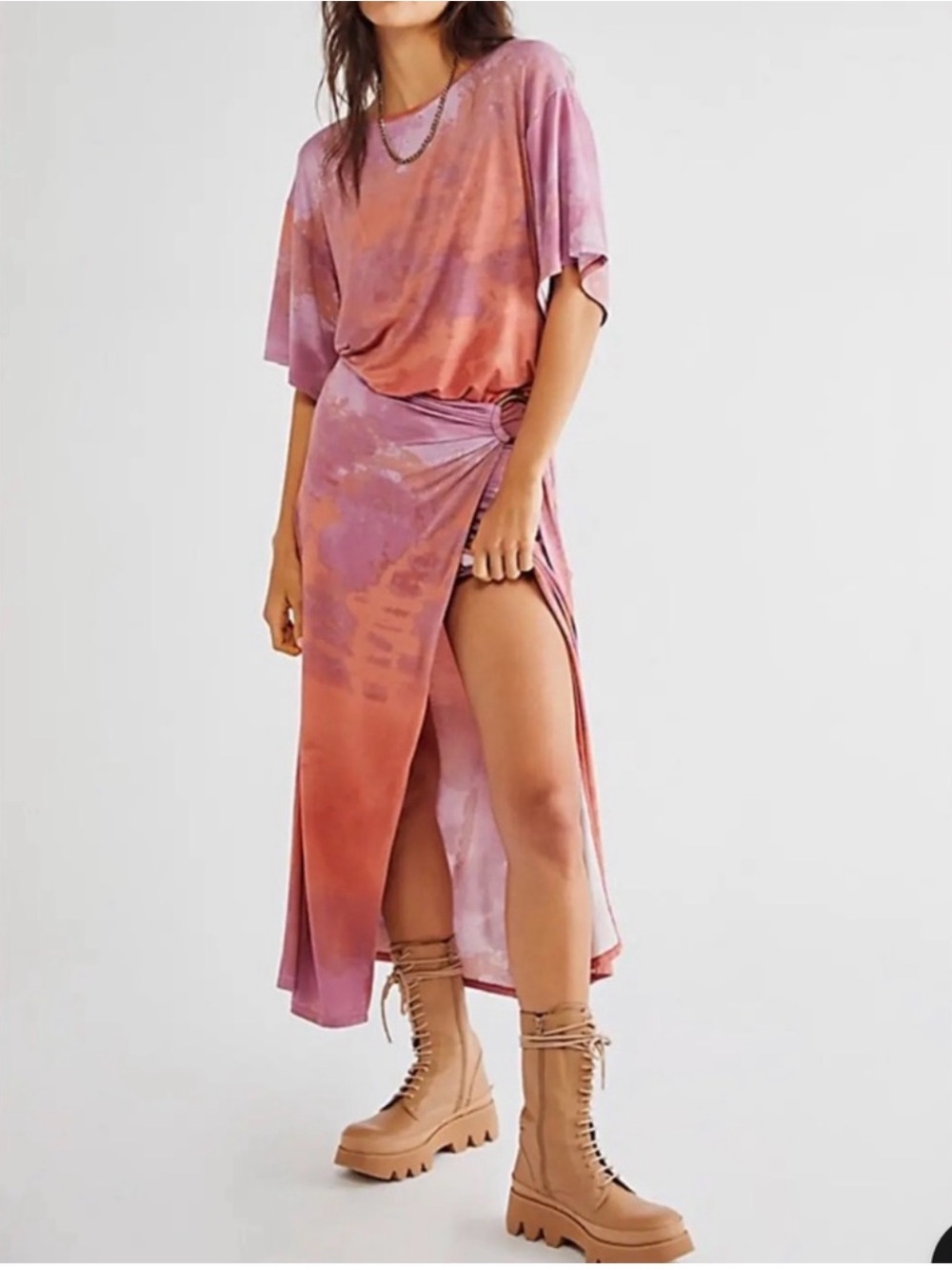 Free People Alyssa Wrap Dress Tie-Dye in Pink and Orange Boho Adjustable D Ring